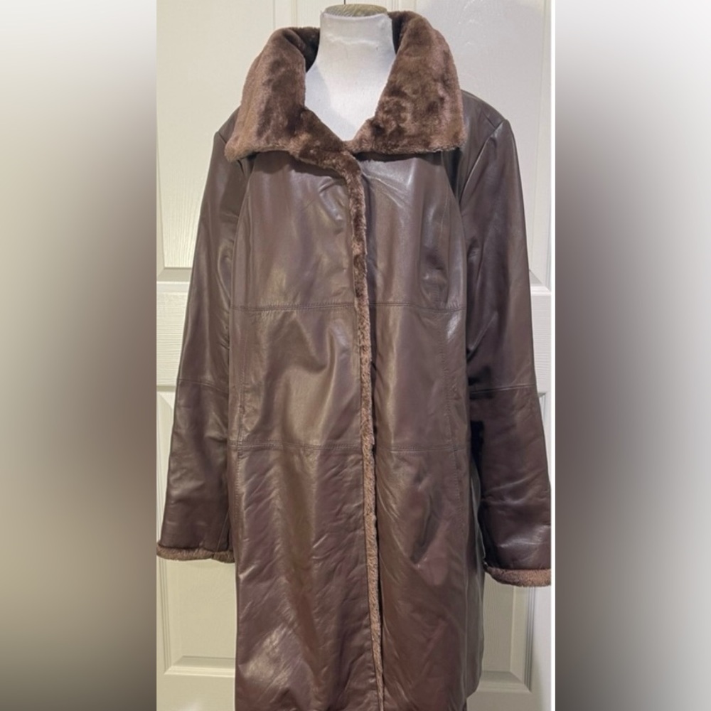 NWT! LEATHER! JESSICA LONDON Fur-Trim Leather Swing Coat. Sz 20W